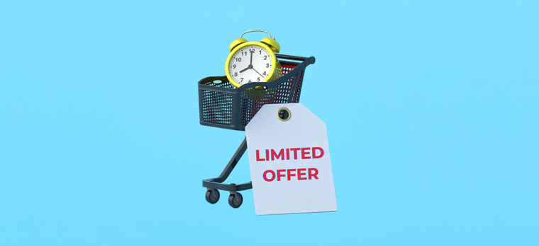 Shopping cart with an alarm clock and a large tag reading “Limited Offer.”